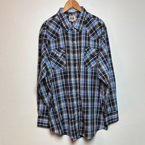 VTG Ely Cattleman Men's Long Sleeve Tall Pearl Snap Shirt Blue Plaid 3XLT